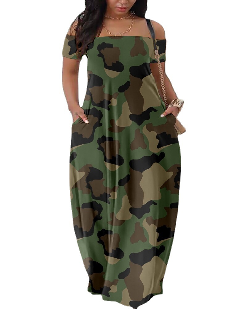 Maxct Summer New Women's Fashion Leisure Sexy Print Bare Shoulder Dress