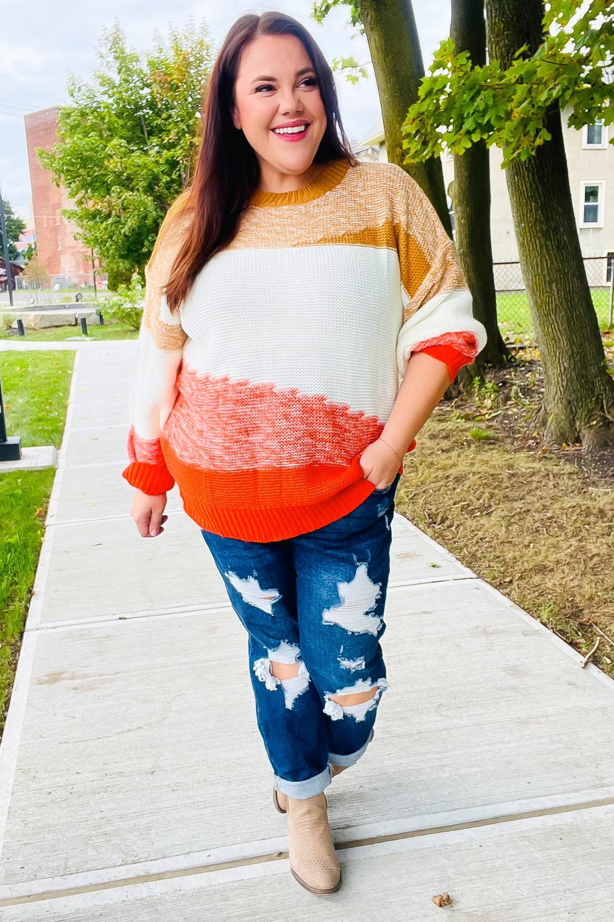 Maxct &Adorable You Camel & Orange Color Block Sweater