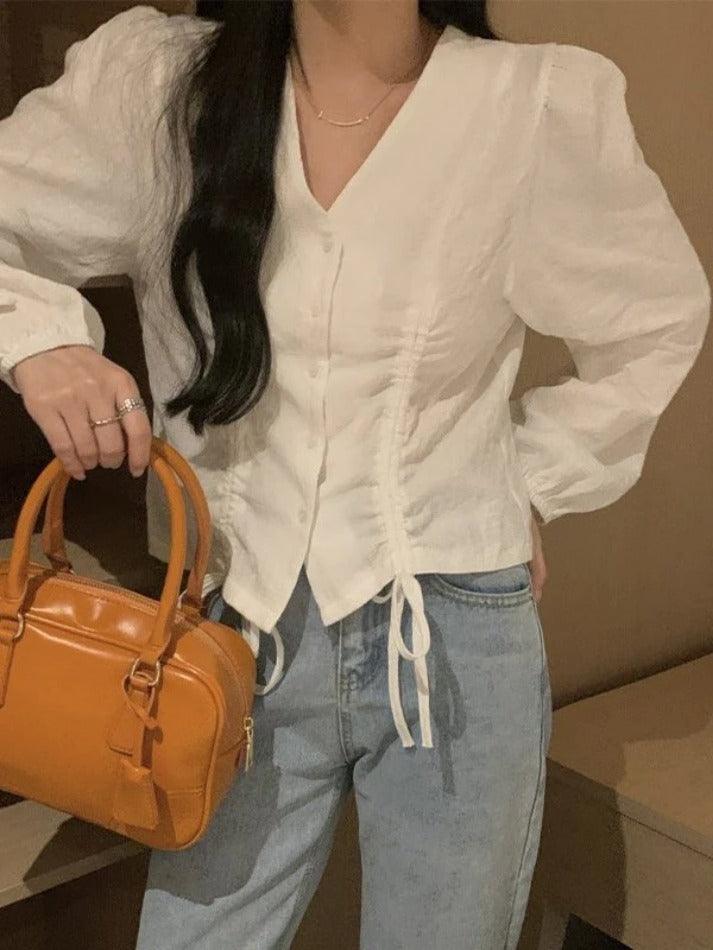 Maxct Lace Up Button Front Long Sleeve Blouse
