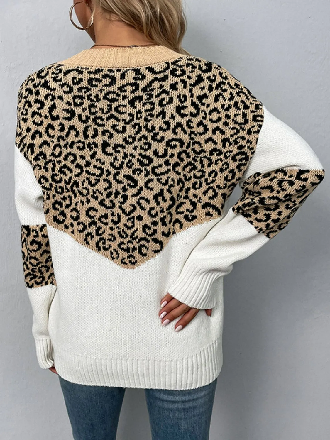 Maxct &Leopard V-Neck Dropped Shoulder Sweater