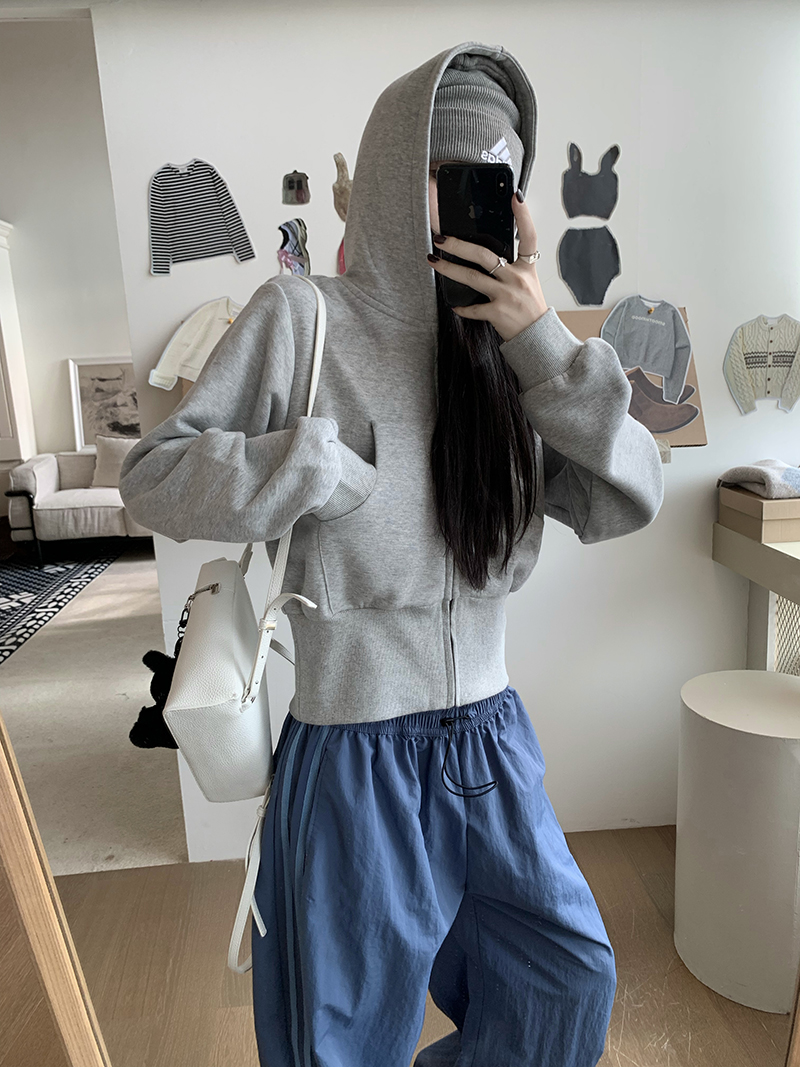 Grey Cropped Hoodies Zip Up Long Sleeve Sweatshirt Cardigan Oversized Autumn Fashion Wide Leg Track Pants Two Piece Sets