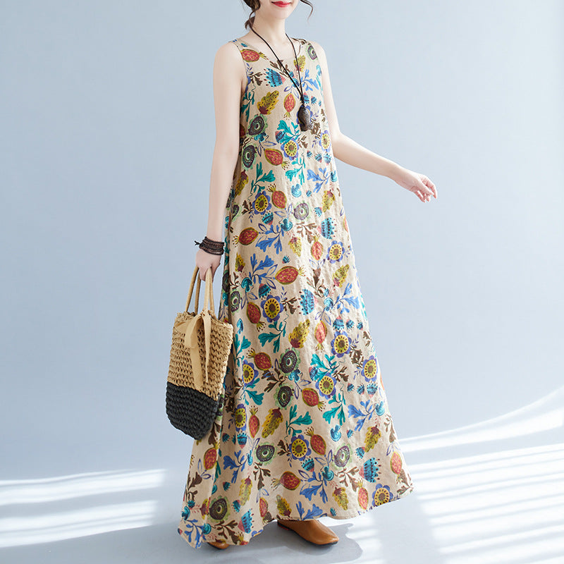 Women Summer Cotton Linen Round Neck Sleeveless Dress