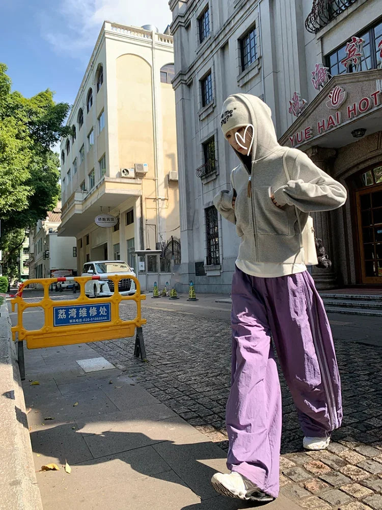 Maxct Grey Cropped Hoodies Zip Up Long Sleeve Sweatshirt Cardigan Oversized Autumn Fashion Wide Leg Track Pants Two Piece Sets