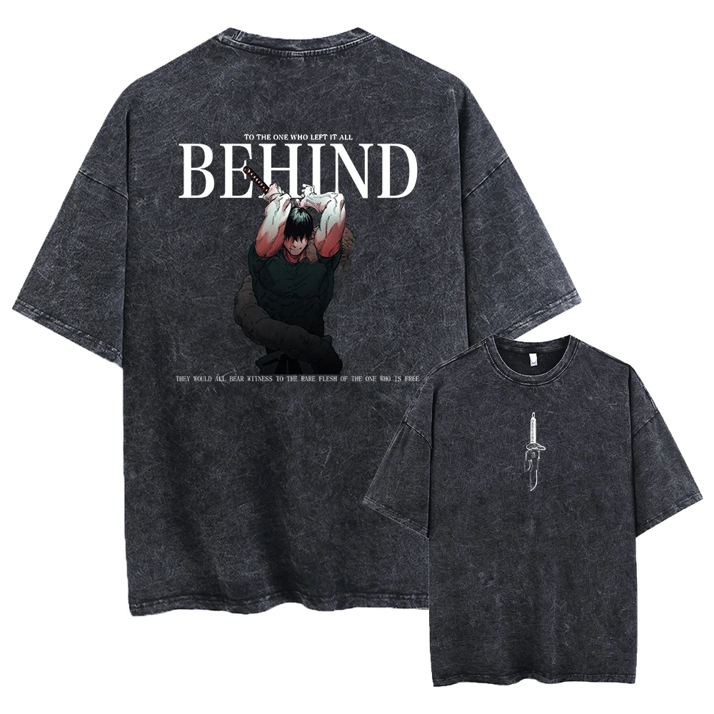 Maxct Men Streetwear Washed Acid Oversized T Shirt Japanese Anime Retro Worn Graphic Print T-Shirt Summer Cotton Short Sleeve Tees