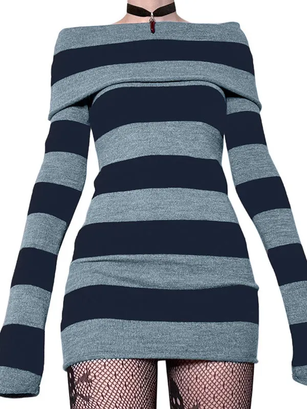 Off Shoulder Long Sleeve Striped Knit Mini Dress Maxct