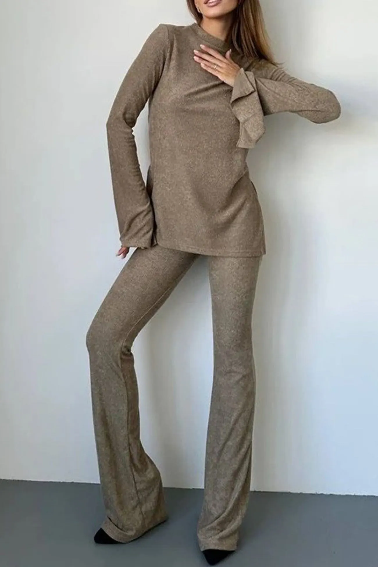 Maxct Solid Flare Sleeve Knit Tops Long Pants Set
