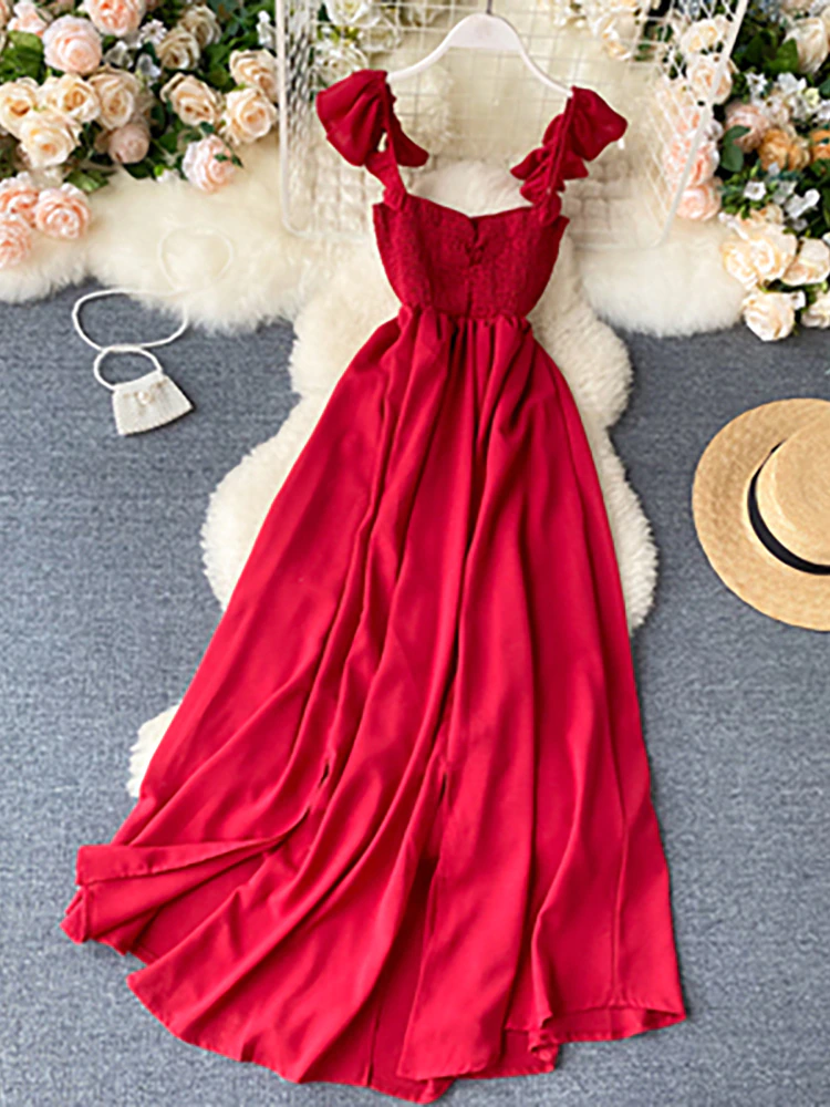 Maxct High Waist Slash Neck Women Long Dress Elegant Big Swing A-line Vestidos Verano Vintage Green/Red Party Robe For Female