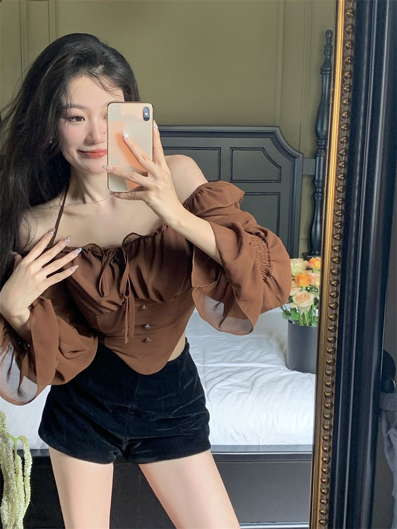 Shirts Blouses Spring Autumn Halter Off Shoulder Ruffles Patchwork Blusa Feminina Vintage Elegant Sexy Camisas De Mujer