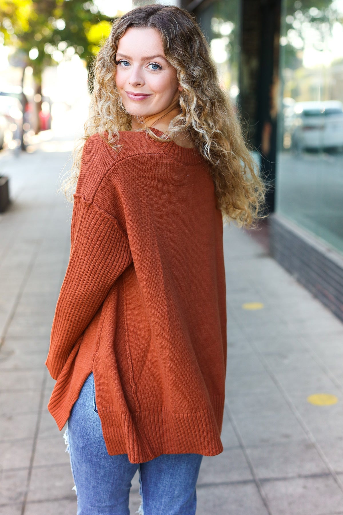 Maxct &Casual Chic Rust Oversized V Neck Rib Knit Sweater