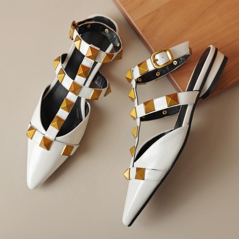 T Strap Rockstud Ankle-strap Flat Sandals Point Toe Slingback Maxct