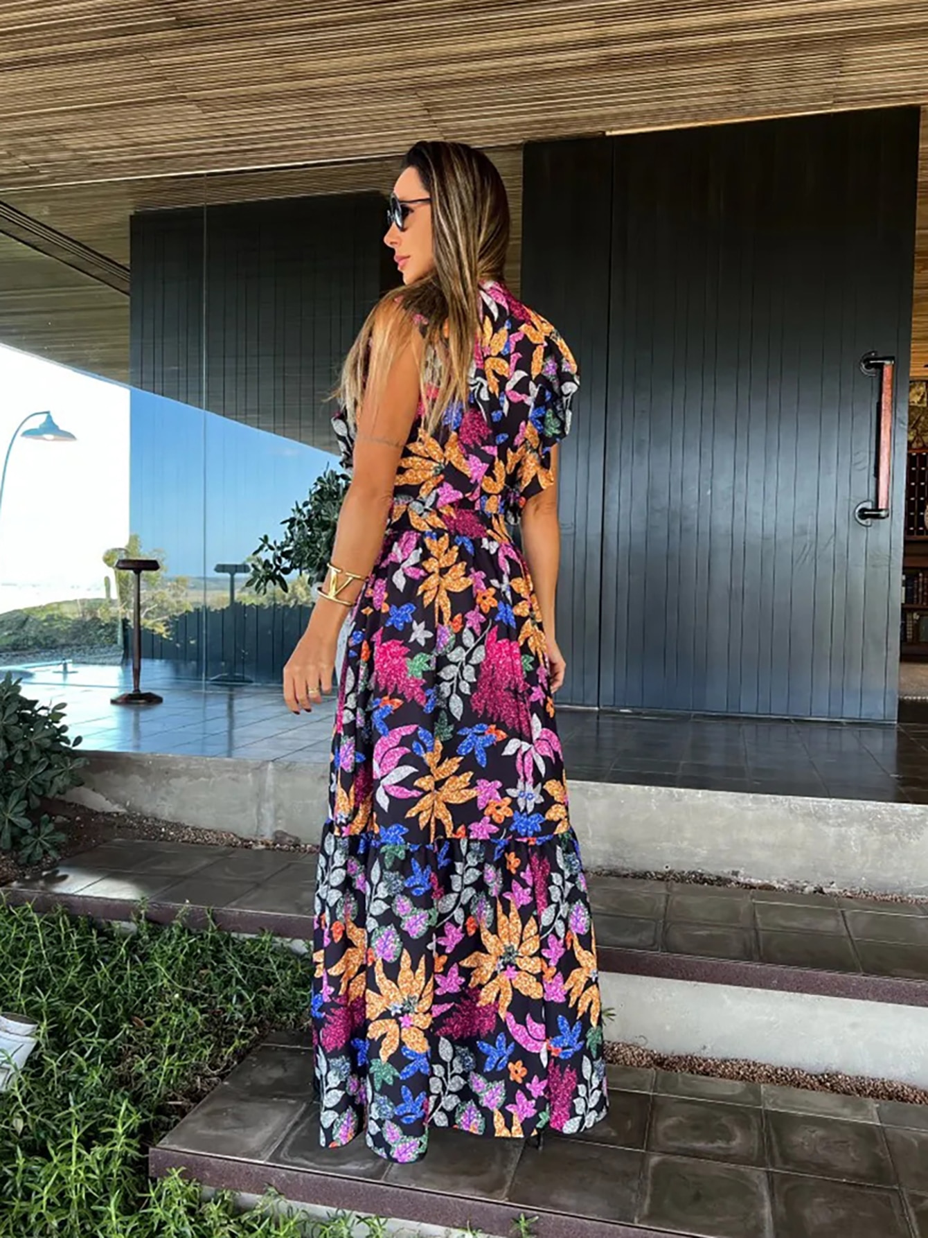 Maxct New Ruffle Sleeveless Printed Skirt Ladies V Neck Elegant Long Dress Waist Slimming Temperament Robe
