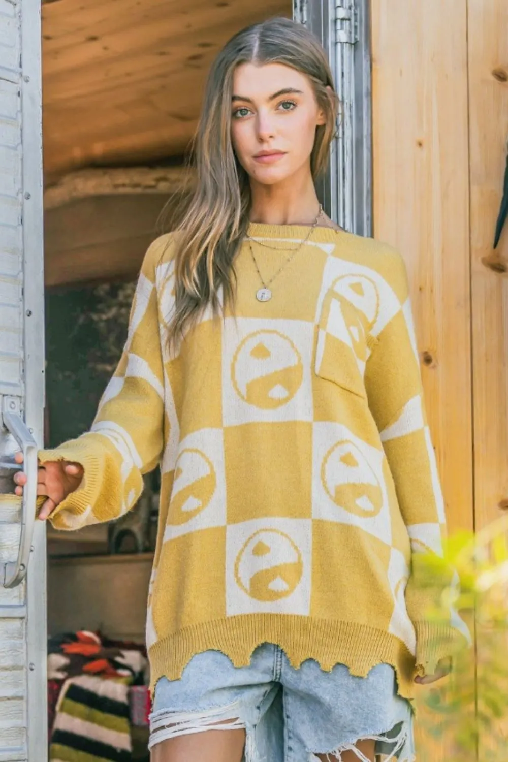 Maxct &And The Why Checkerboard Sweater with Yin Yang Pattern