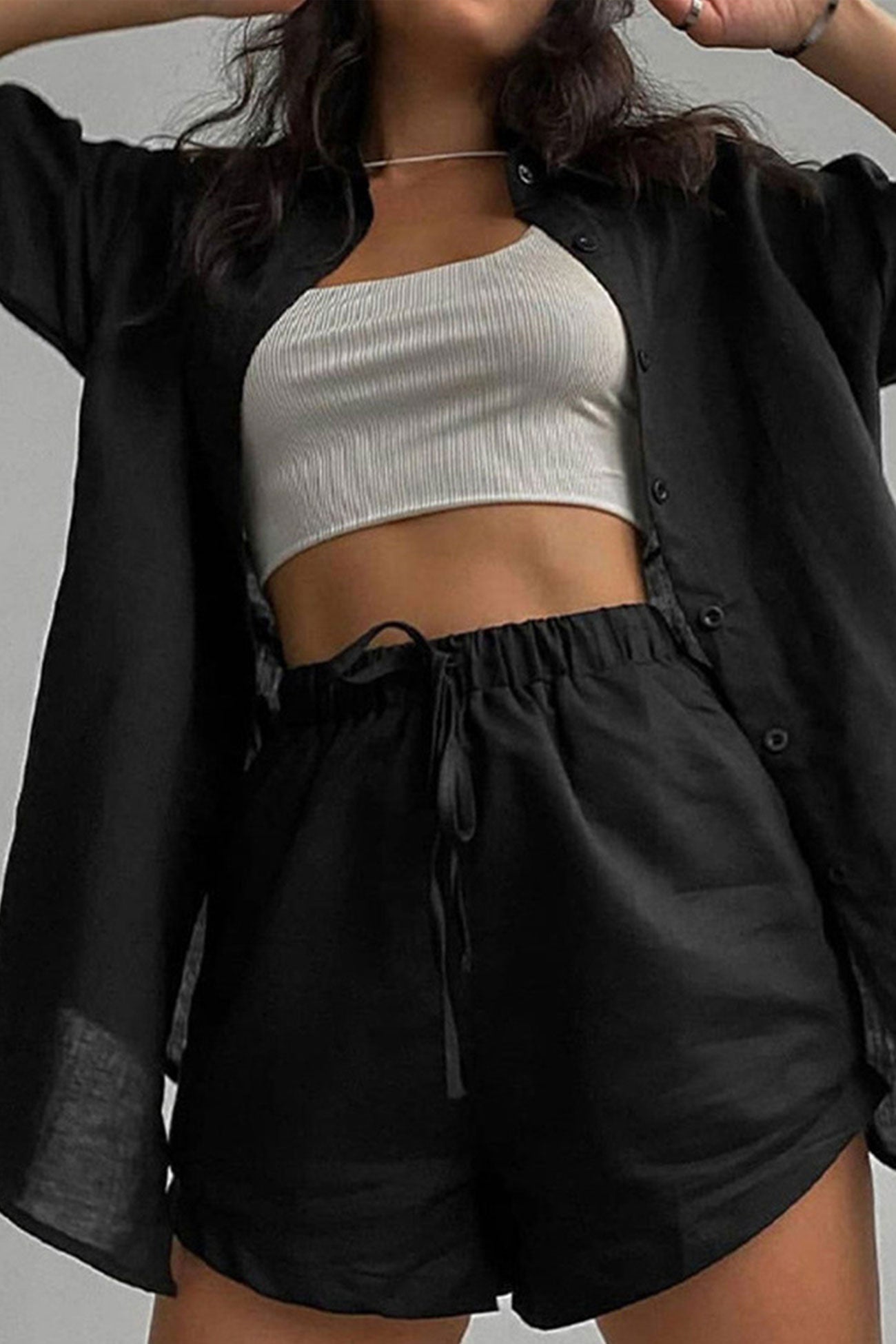 Maxct-Solid Short Sleeve Shirt Drawstring Shorts Suits