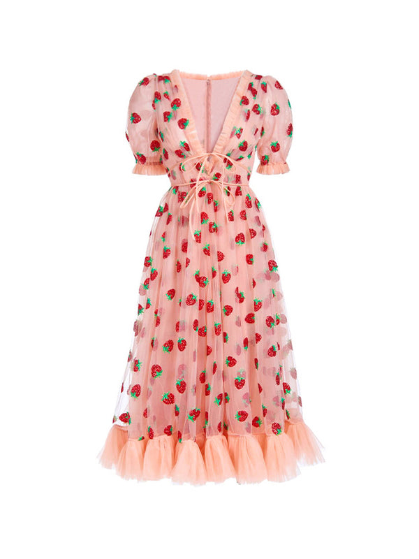 Sequined Strawberry Mesh Pleated Maxi Dress Maxct
