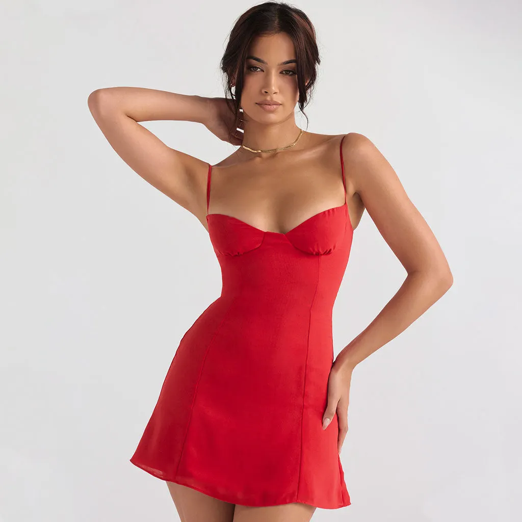 Spaghetti Strap Sweetheart Neck Slip Party Mini Dress - Red Maxct