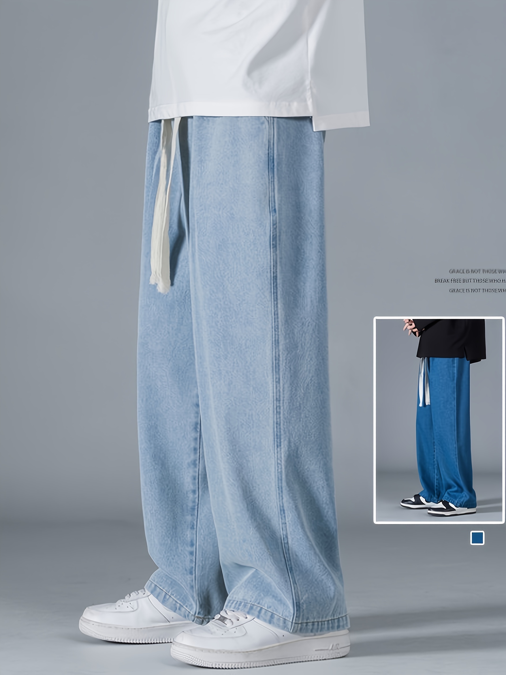 Wide Leg Cotton Jeans, Men's Casual Street Style Loose Fit Denim Pants For Spring Summer