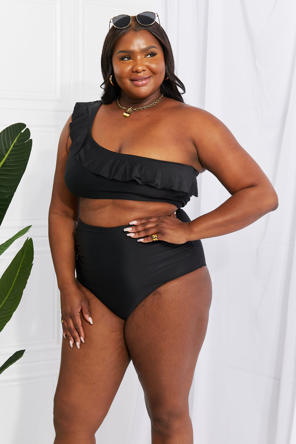 Maxct &Marina West Swim Seaside Romance Ruffle One-Shoulder Bikini in Black