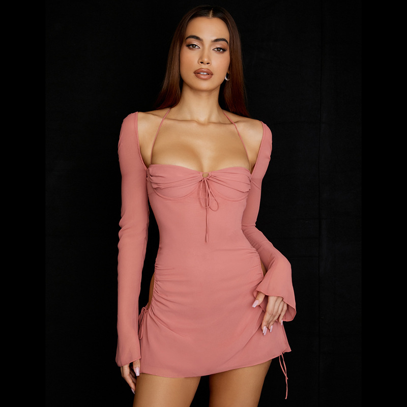 Maxct outfit inspo 6431 Autumn Long Sleeve Solid Color Inner High Waist Square Collar Short Skirt Wrapped Chest Elegant Commuter Waist-Tight Dress