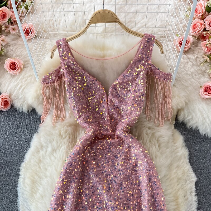 Sequins Party Maxi Dress For Women Sexy V-Neck Short Sleeve High Waist Tassel Long Robe Female Elegant Vestidos
