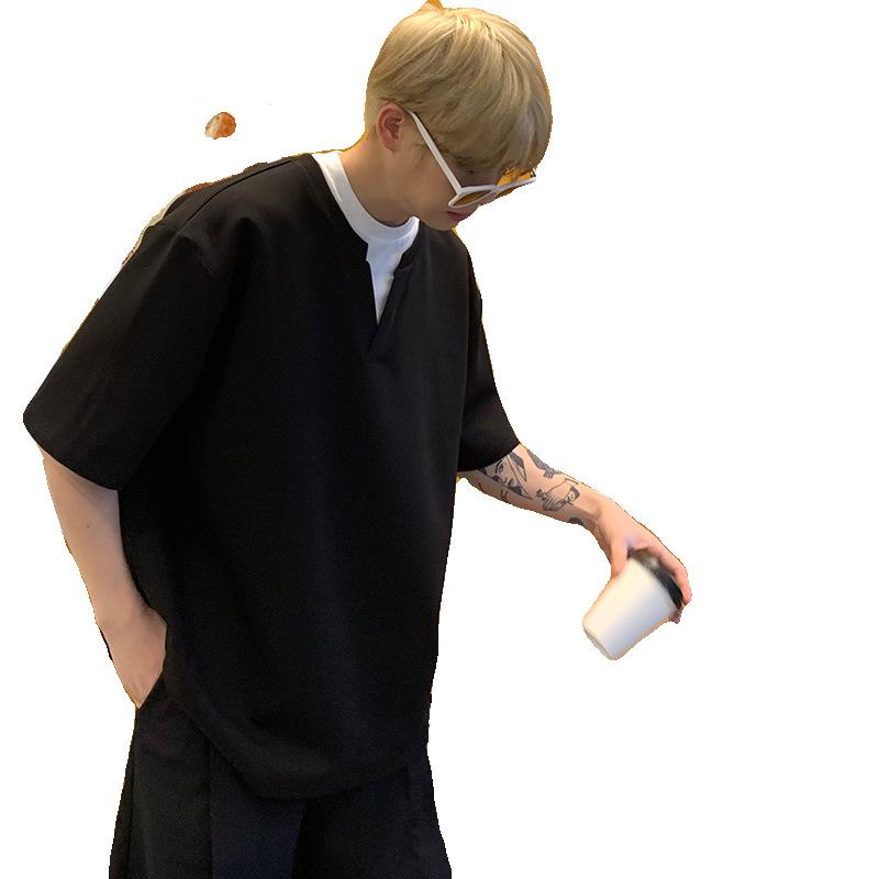 Maxct 90s Streetwear Niche Design Sense Fake Two-piece V-neck Short-sleeved T-shirt Men's Summer New Loose Korean-style Simple All-match Half-sleeved Top