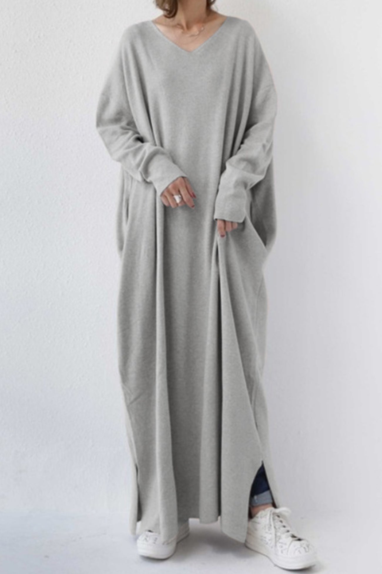 Maxct V Neck Slit Hem Sweatshirt Dress