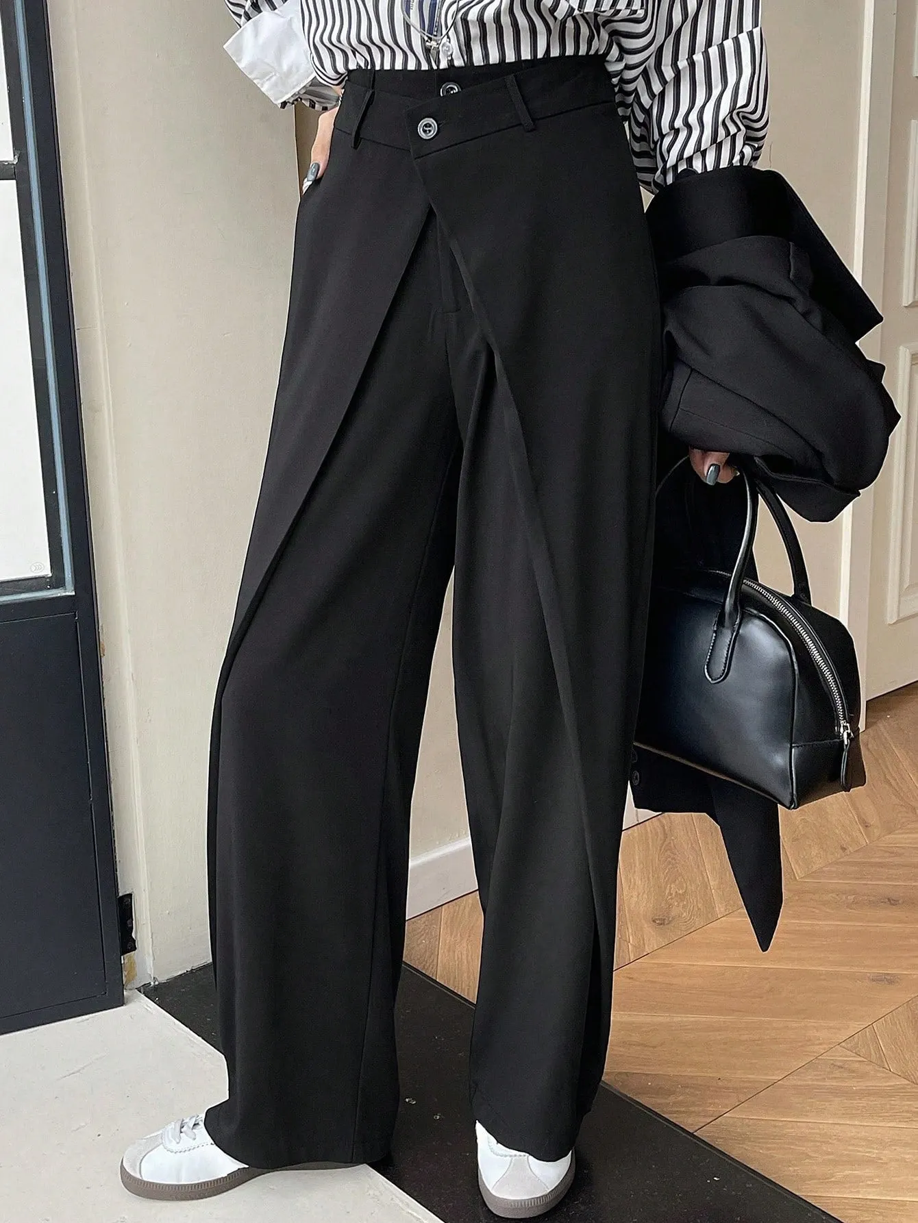 Maxct Solid Color Pleated Casual Straight Suit Pants