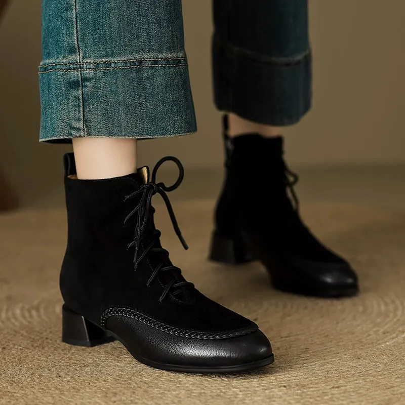 Maxct Retro Sheepskin Leather Sueded Chunky Boots