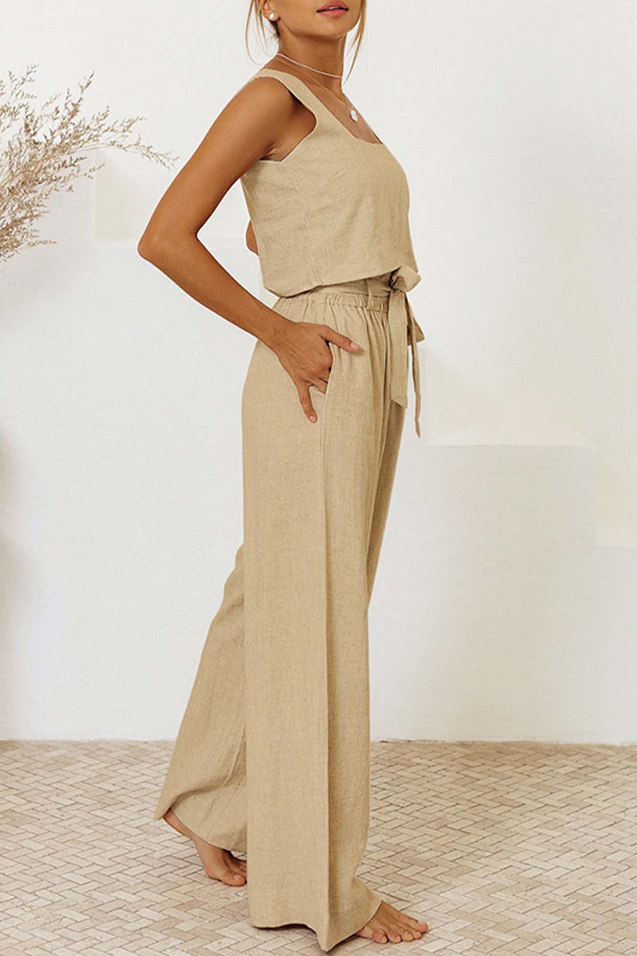 Maxct Cotton Waist-Tie Square Neck Pants Set