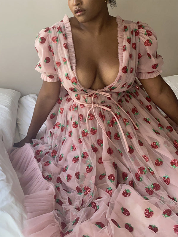 Sequined Strawberry Mesh Pleated Maxi Dress Maxct