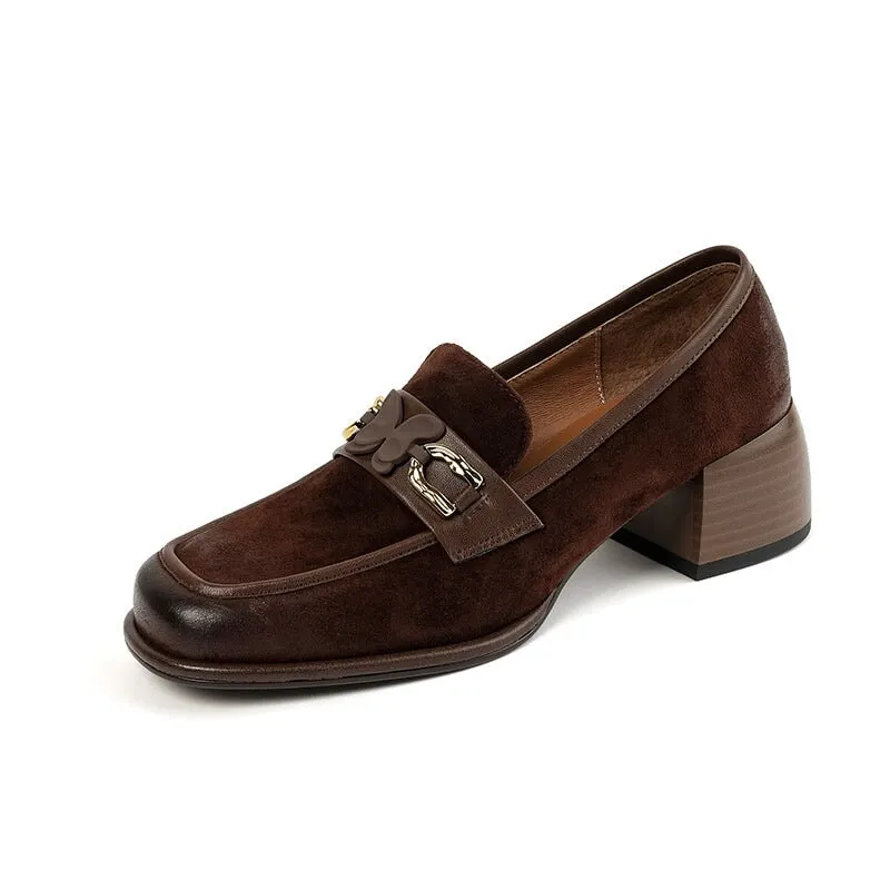 Suede Loafers Block Heel with Butterfly Details Maxct