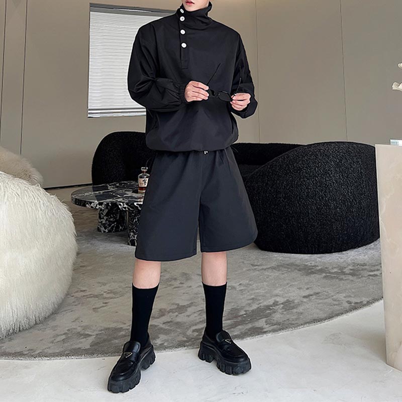 Maxct Stand Collar Side Button Tops Shorts Casual Suits