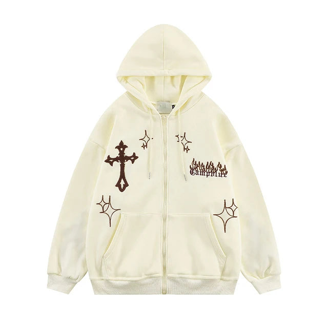 Maxct Retro Trend Y2k Zipper Hoodie Harajuku Hip Hop Oversized Hooded Sweatshirt Men Women Street Punk Rock Jacket Coat Top Streetwear
