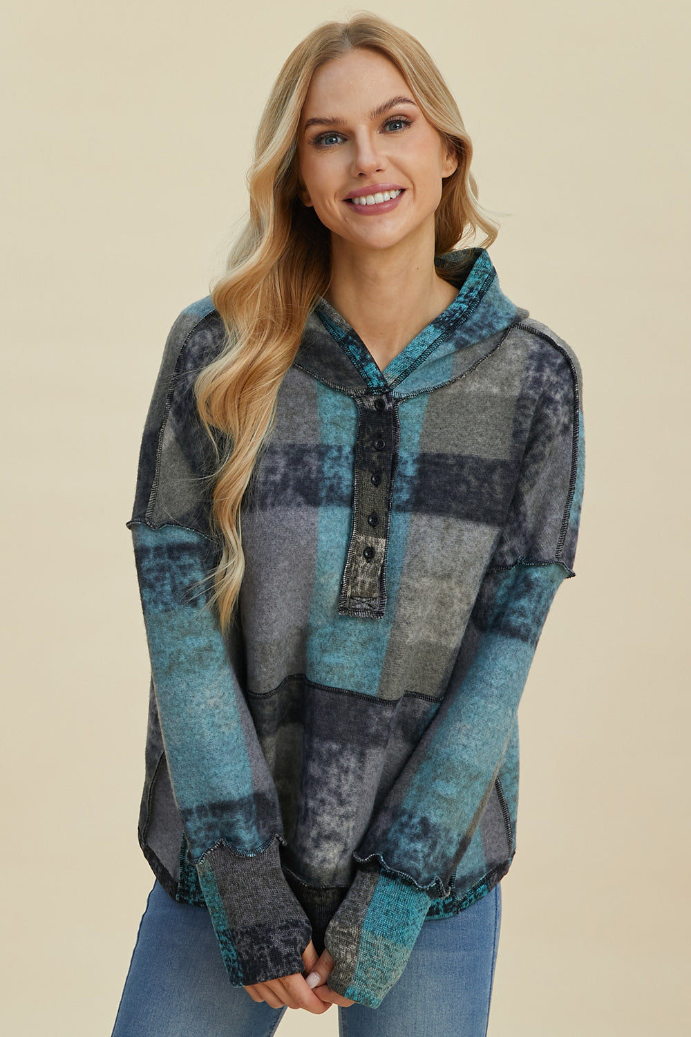 Maxct &Double Take Full Size Plaid Dropped Shoulder Fleece Hoodie