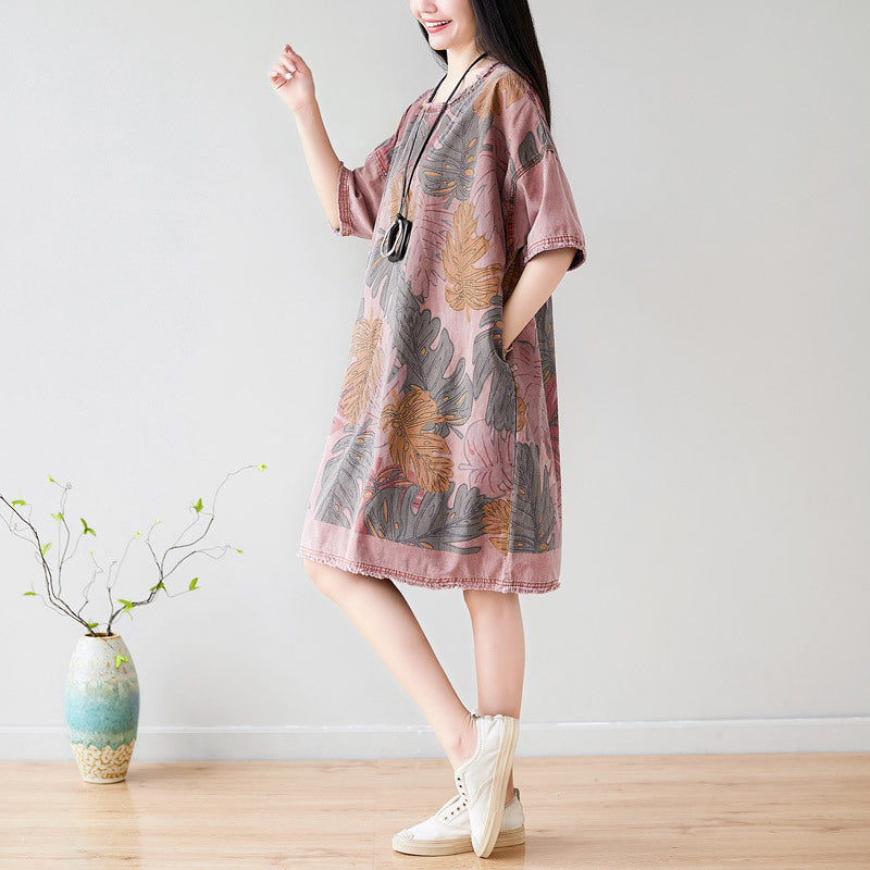 Summer Casual Floral Printed Cotton T-Shirt Dress