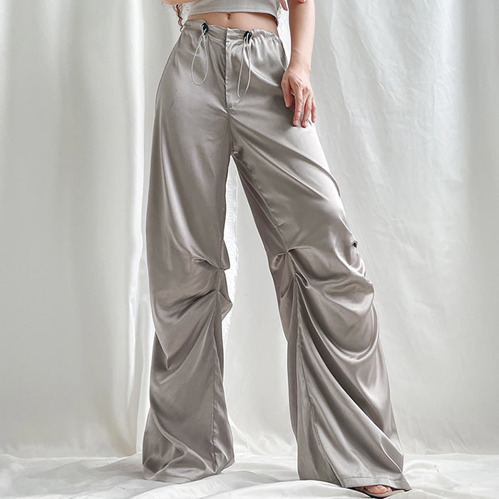 Women's Grey Satin Wide-Leg Pants