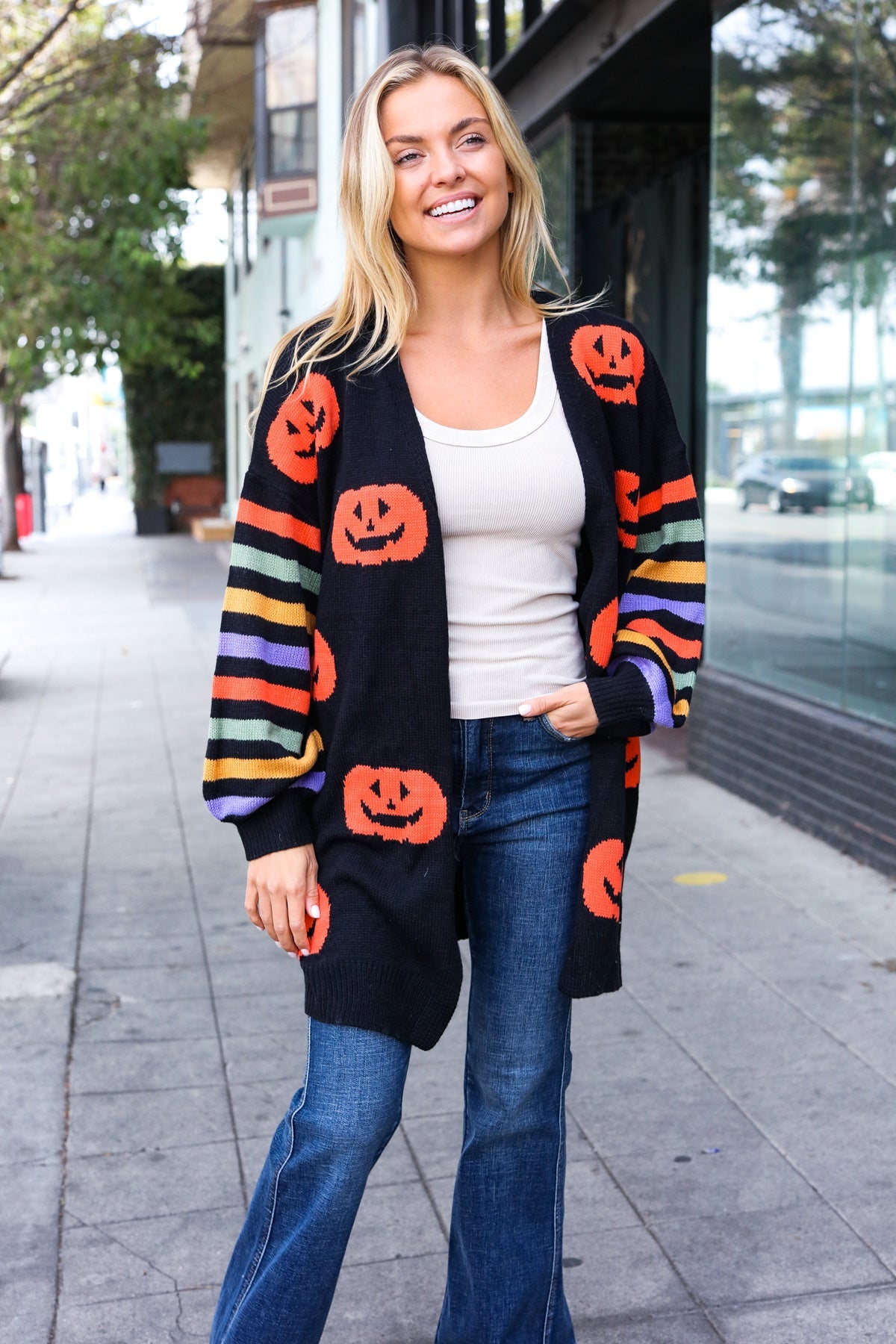 Maxct &Pumpkin Multicolor Stripe Jacquard Knit Open Cardigan