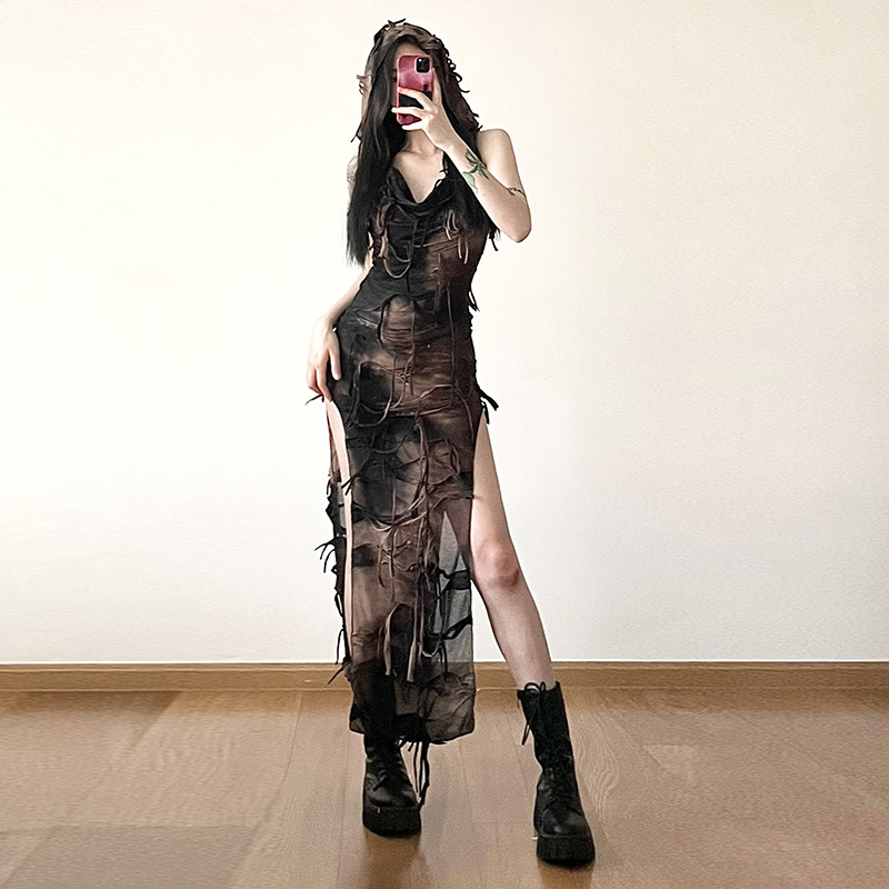 Grunge Dress y2k Tie Dye Print Sleeveless Side Split Hooded Dress Gothic Party Dresses Halloween Costume