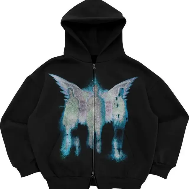 Maxct Gothic Retro High Street Hoodies Y2k Zip Up Hoodie Men and Women Clothes Hip Hop Punk Loose Sweatshirt Zipper Pullover Cardigan