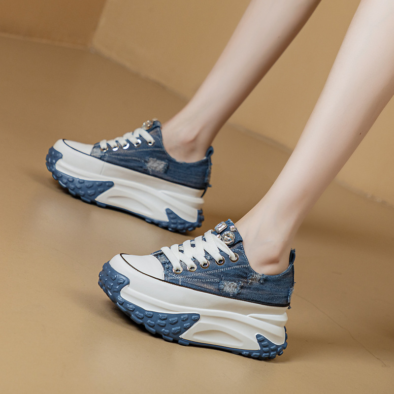 Blinged Out: 6cm Denim Leather Chunky Platform Sneakers - true deals club