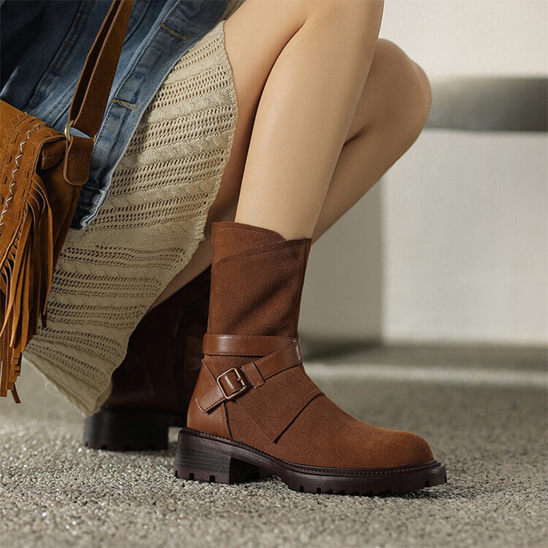 Womens Suede Mid Calf Boots for Winter Buckles Boots Maxct