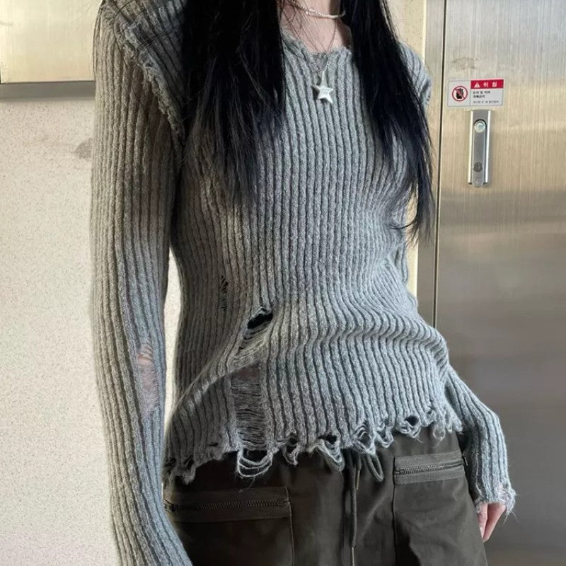 Maxct 2024 Fall Fashion Ribbed Tattered V Neck Sweater