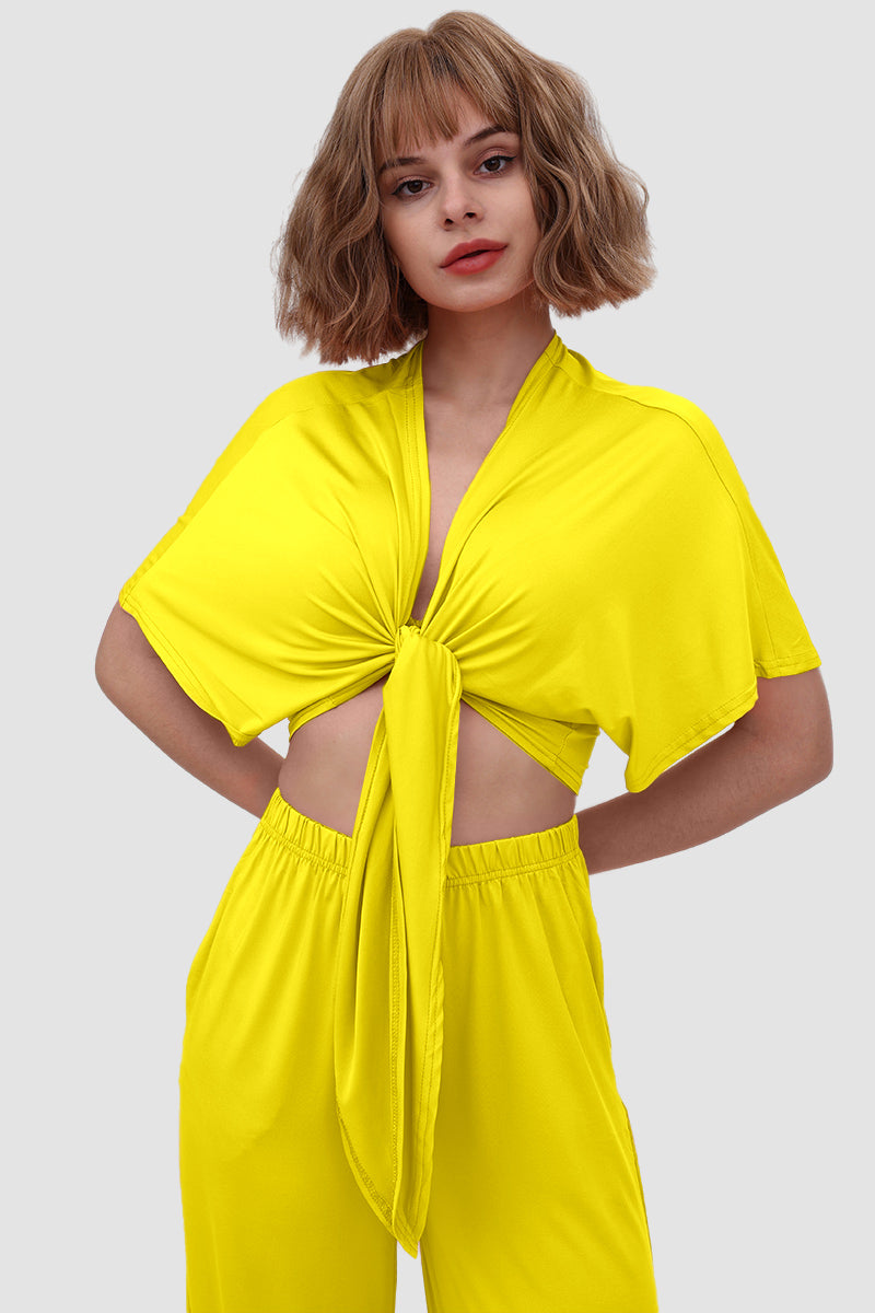 Maxct Deep V-neck Top & Elastic Wide Leg Pants