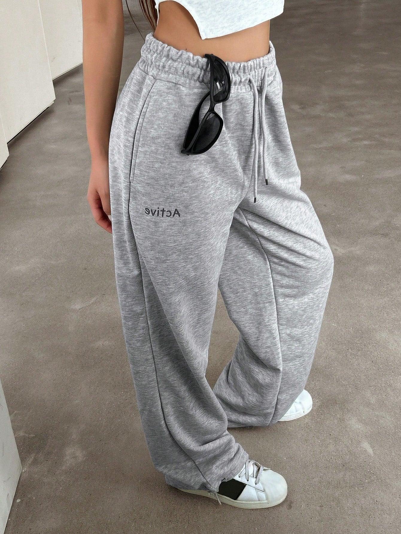 Maxct Ladies' Elastic Waist Drawstring Jogger Pants With Letter Print, Adjustable Cuffs