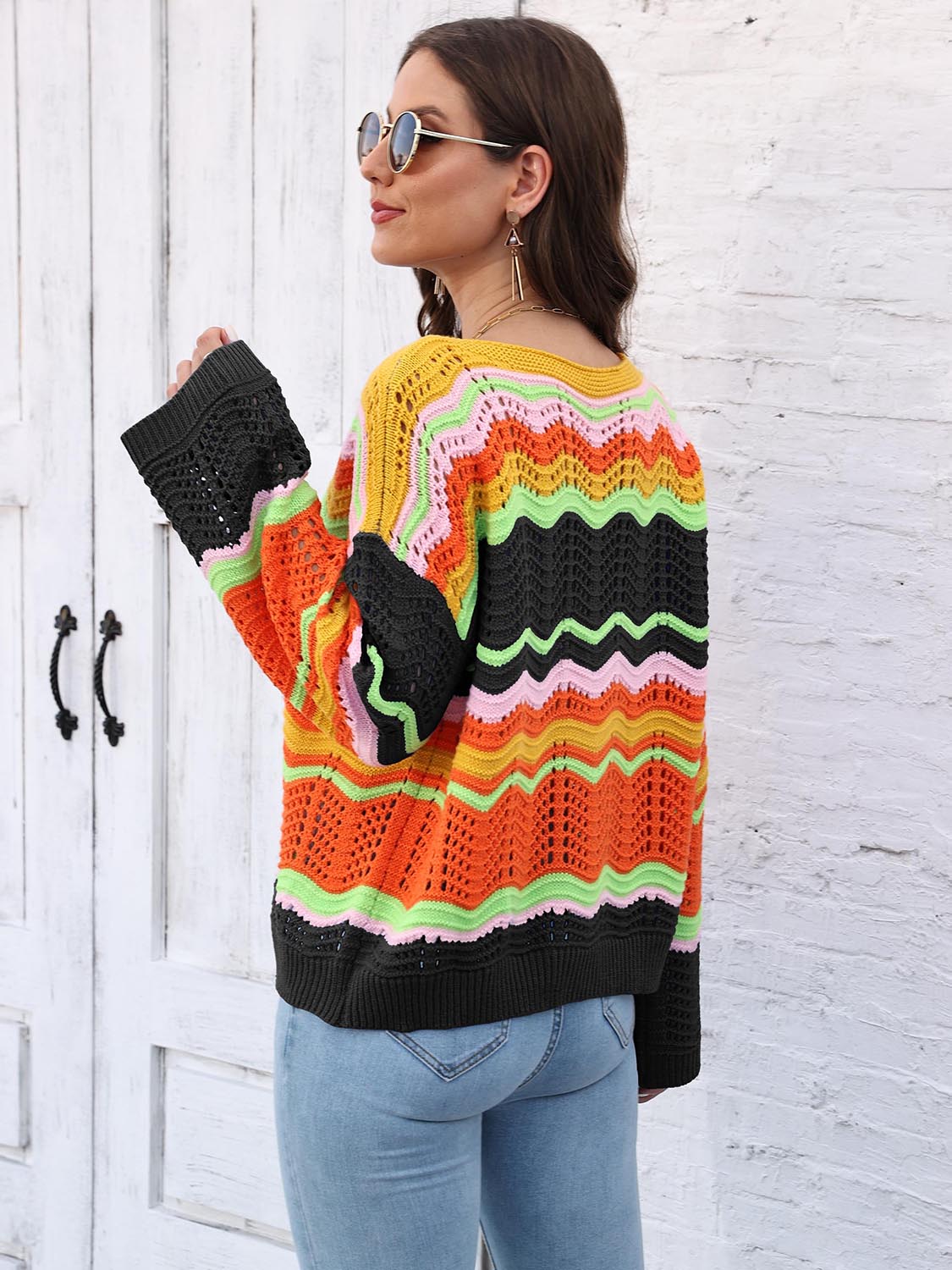 Maxct &Openwork Round Neck Knit Top