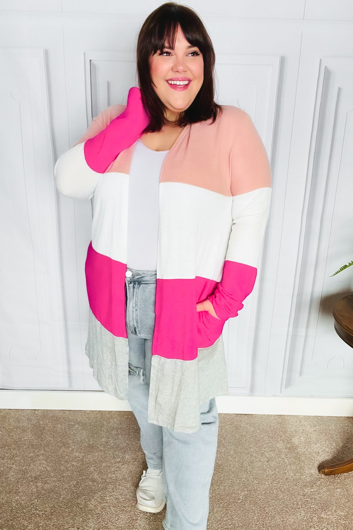 Maxct &Face The Day Blush Wide Stripe Hacci Colorblock Cardigan