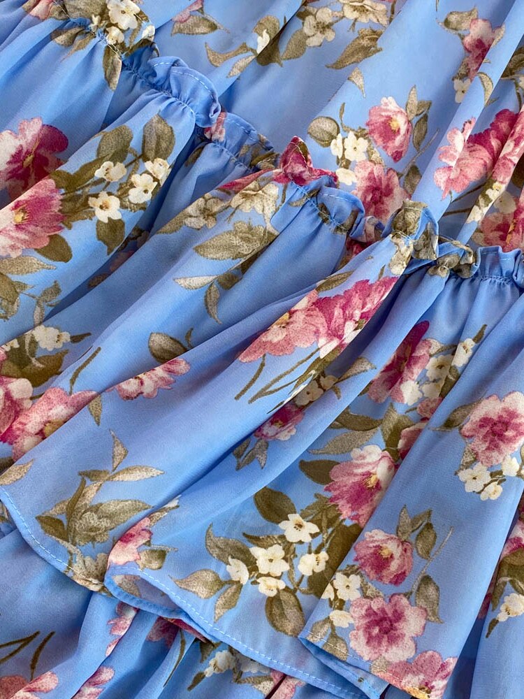 Vintage Floral Chiffon Long Dress Elegant O-Neck Puff Sleeve High Waist A-Line Ruffle Hem Vacation Beach Maxi Vestidos