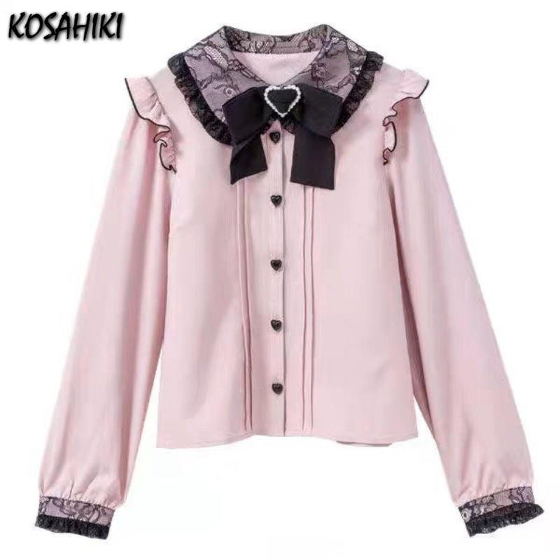 Maxct Kawaii Girl Lolita Long Sleeve Shirt Autumn Y2k Aesthetic Lace Patchwork All Match Blouse Women JK Bow Sweet Cute Tops