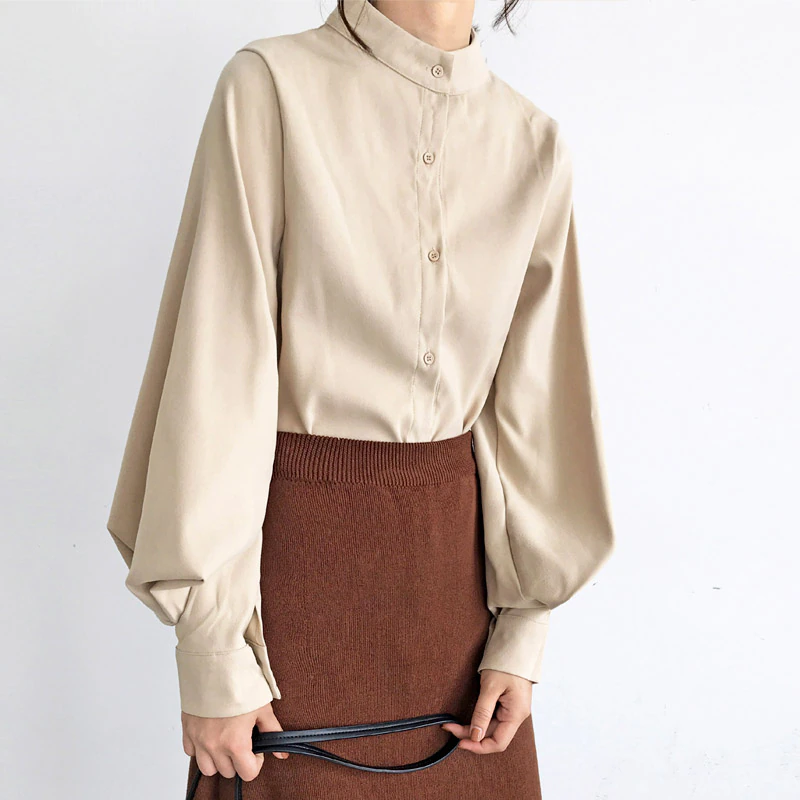 Maxct Lantern Sleeve Blouse Women Spring Fashion Single Breasted Stand Collar Shirts Female Office Work Blouse Solid White Tops