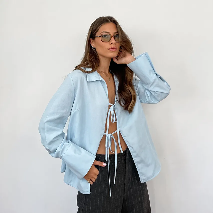 Hollow Out Lace Up White Cotton Linen Shirt Women's Long Sleeve Loose Casual Sexy Lapel Cardigan Top Female Summer new
