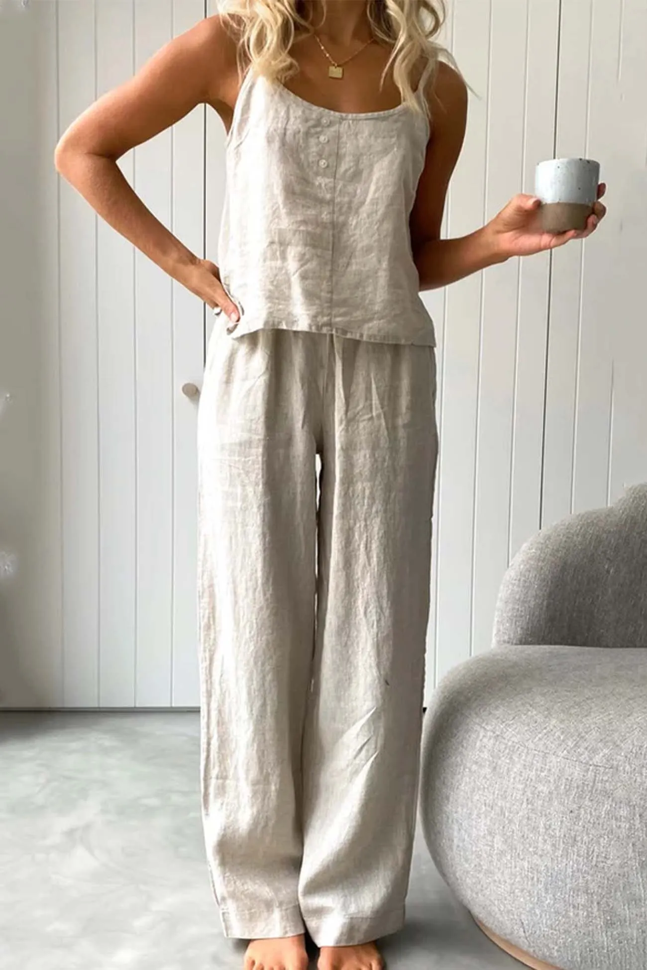 Maxct Solid Color Cotton Spaghetti Straps Long Pants Set